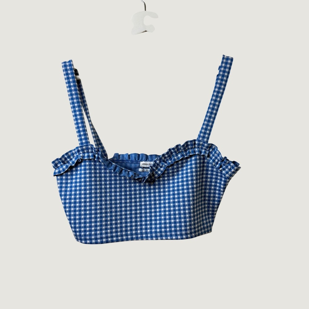 Urban Outfitters Blue Gingham Ruffle Crop Top Cami Cottagecore Prairie Womens L